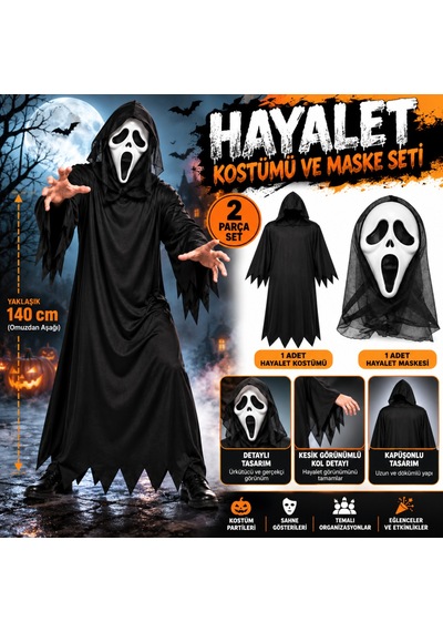 Siyah Hayalet Kapüşonlu Kostüm Ve Çığlık Maskesi Seti 140 Cm Çok Renkli