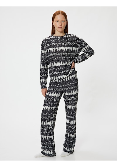 Koton Yılbaşı Temalı Pijama Altı Düz Bol Paça Rahat Kalıp Siyah Desenli 5wlk40008mk Siyah