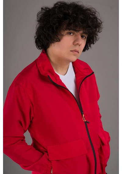 Oversize Kapak Cepli Yakalı Astarlı İnce Baharlık Erkek Mont Kırmızı