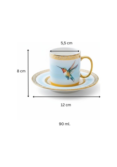 Stork Mavi Gold Renk Kuş Figürlü 6 Kişilik Porselen Kahve Fincan Takımı - 90 Ml. Mavi - Beyaz