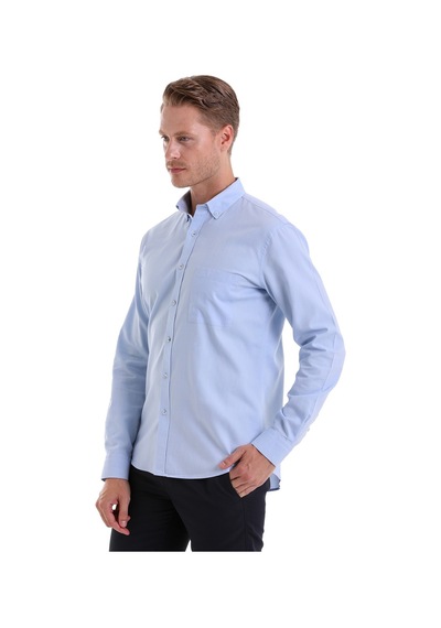 Hatemoğlu Mavi Comfort Fit Düz 100% Pamuk Düğmeli Yaka Uzun Kollu Casual Ox Mavi