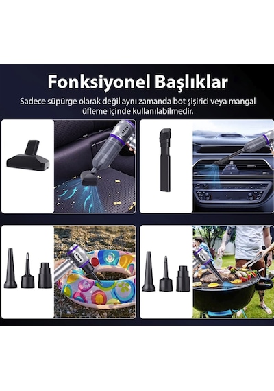 Turbo 16000 Pa Emiş Gücü Çantalı Üfleme Özellikli Araba Süpürgesi Araç Ev Kullanımı Uzun Şarj Süresi