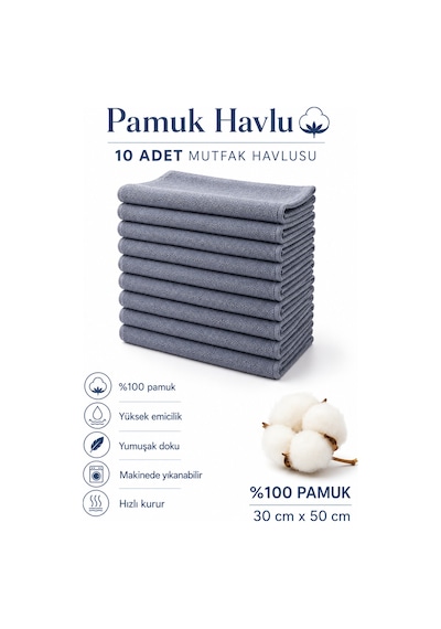 10 Adet Mutfak Havlusu El Yüz Havlusu Gri