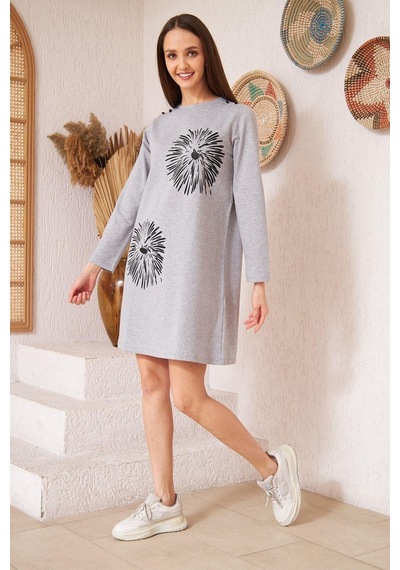 Darlin Moda Gri Melanj Baskılı Düğme Detaylı Tunik DM60346 Gri