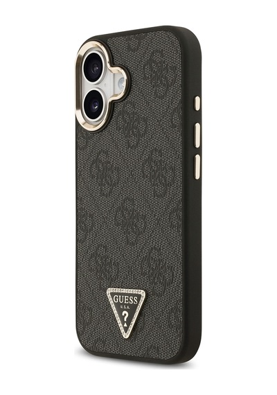 Apple Uyumlu iPhone 17 Kılıf Guess Lisanslı M-safe Şarjlı Gold Metal Kamera Çerçeveli Taşlı Üçgen Logo Siyah