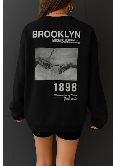 Benroma 3 İplik Penye Brooklyn Baskılı Unisex Sweatshırt Çok Renkli