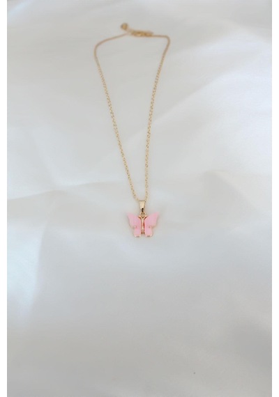 Gold Kaplama Pembe Sedefli Kelebek Kolye Pembe Altın