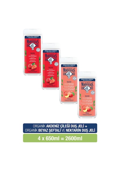 Le Petit Marseiliais Akdeniz Çileği + Beyaz Şeftali ve Nektarin Duş Jeli 4 x 650 ML+ Lif