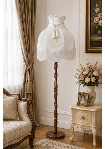 Ekru Kadife Başlık Kahverengi Ahşap Ayak Lambader Vintage Model 170x45cm Beyaz