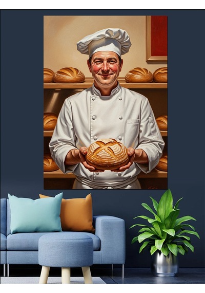 Ahşap Tablo Beyaz Aşçı Ekmek Tutuyor