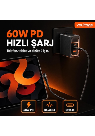 Type-c To Type-c L Uçlu 60w Pd Hızlı Şarj Kablosu, 1 Metre, 90 Dirsek Uçlu Usb-c Kablo, 3a, 480 Mbps Veri Aktarımı, Örgülü Naylon, Telefon, Tablet Ve Bilgisayar Uyumlu Siyah
