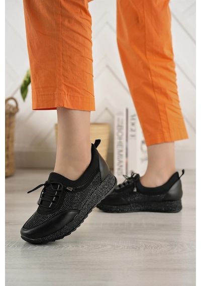 Nesil Shoes Acr 15 Siyah Taşlı Strech Kadın Ayakkabı-siyah Siyah