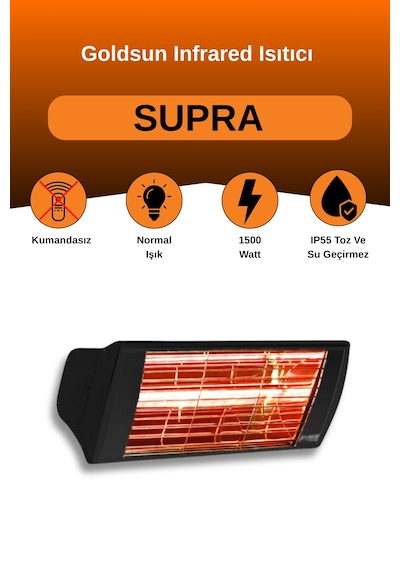 Supra 1500 Watt Gss15 Kumandasız Suya Dayanıklı Elektrikli İnfrared Isıtıcı-siyah