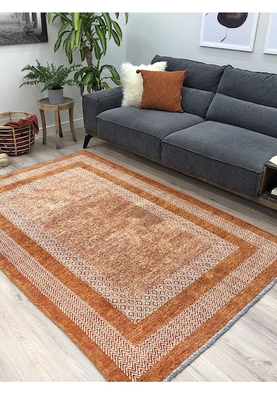 Moretti Nordi Çerçeve Desenli Yıkanabilir Salon Mutfak Yolluk Turuncu Dokuma Modern Halı