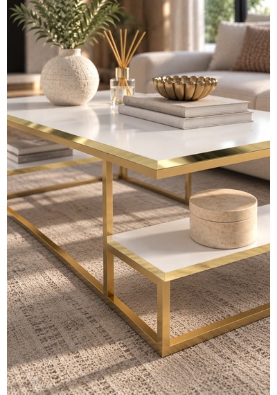 Sulorahome Gold Beyaz Orta Sehpa 90x60 Cm Dikdörtgen Salon Sehpası Altın - Beyaz