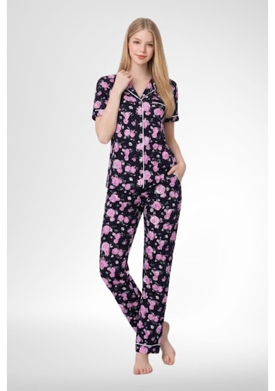 Mecit Pijama Mecit 6353 Lacivert Çiçekli Boydan Düğmeli Kadın Pijama Takımı
