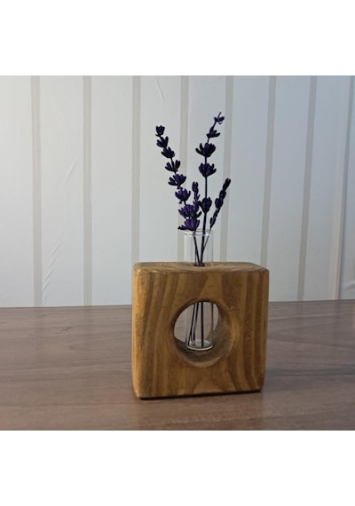 Rustik Ahşap Vazo Ve Mumluk Seti, El Yapımı Çam Ağacı, 9x9 Cm, Cam Tüp Ve Tealight Mum Dahil, Antik Meşe Ve Cevi Genel