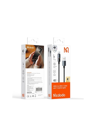 Mcdodo Ca-8180 Usb Typec 6a 7 Renkli Led Işıklı Şarj Data Kablosu