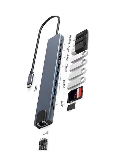 10'u 1 Arada Type-c Dönüştürücü Çevirici Cihazı Çoklu Dönüştürücü Vga Rj-45 Usb Dönüştürücü