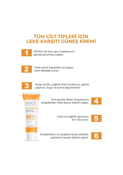 Sinoz Leke Karşıtı Yüksek Koruyucu Normal ve Kuru Ciltler İçin Yüz Güneş Kremi SPF50+ 50 ML