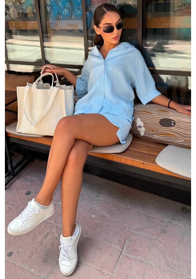 Madmext Bebe Mavisi Kısa Kollu Modal Gömlek Şort Takım Mg2739