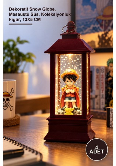 4 Adet One Piece Anime Figürlü Işıklı Kar Küresi Dekoratif Snow Globe, Masaüstü Süs, Luk Figür, 13x5 Cm