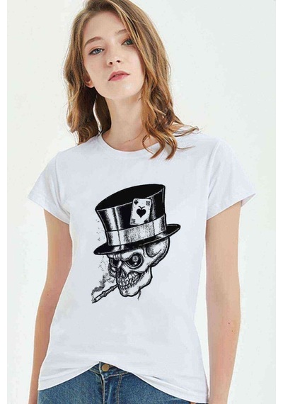 Gamblıng Smoke Skull Baskılı Beyaz Kadın Tshirt