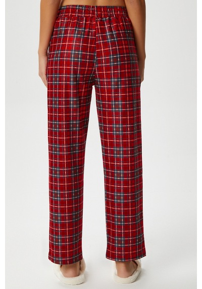 Ritnice Kadın Teddi Ultra Yumuşak Cepli Kırmızı Ekose Desen Yılbaşı Pijama Altı Koyukırmızı Koyu Kırmızı