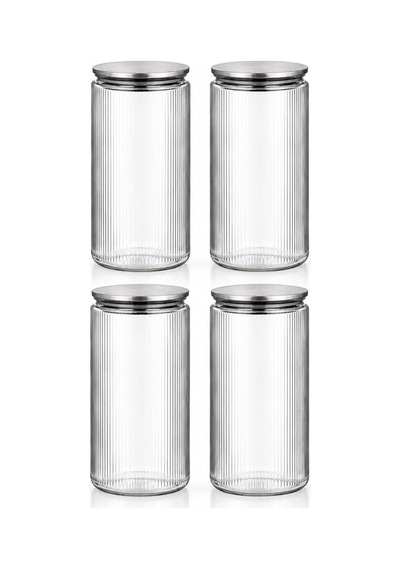 S-2091 Sarina 4'lü Çizgili Cam Kavanoz Seti 2000 Ml Metal Vakum Kapaklı Büyük Boy Mutfak Kiler Erzak Ve Bakliyat Saklama Kabı Diğer