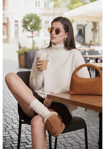 Lela Premium Oversize Fit Balıkçı Yaka Yumuşak Dokulu Triko Bayan Kazak 680Kz00469 Taş