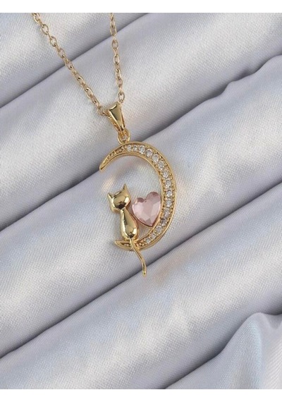 Pembe Taşlı Kedi Figürlü Kadın Kolye Gold Renk Paslanmaz Çelik, 55 Cm Şık Ve Sevimli Tasarım Çelik