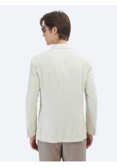 Kip Bej Çizgili Modern Fit Keten Karışımlı Ceket Bej