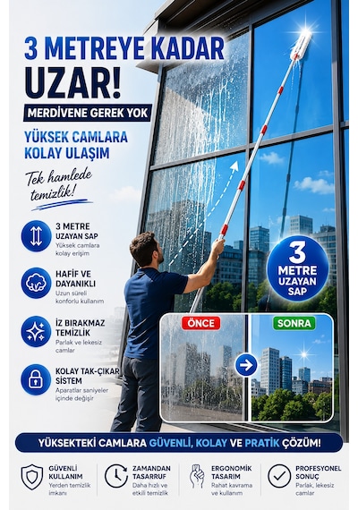 Profesyonel Cam Temizlik Seti 3 Parça - 3 Metre Uzayan Sap + Peluş Aparat + 35 Cm Camsil