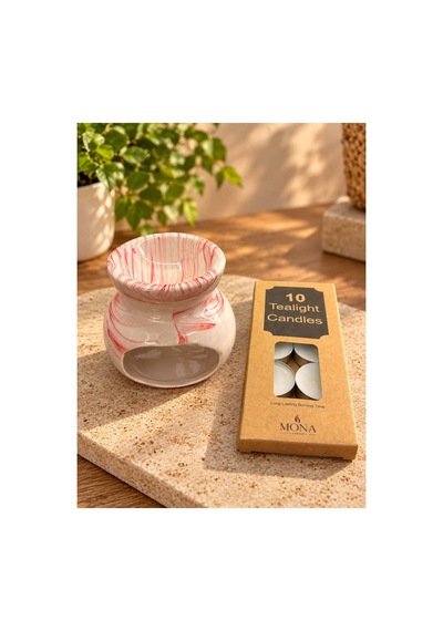 Mermer Desenli Seramik Buhurdanlık Ve 10 Lu Tealight Mum /bej Turuncu Bej-krem