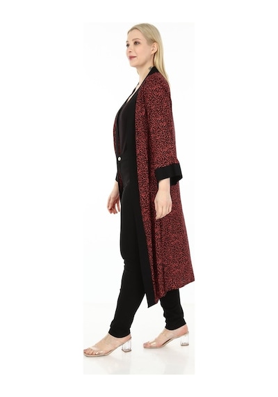 Disentis Kadın Büyük Beden Şal Yaka Kuşaklı Kırmızı Siyah Uzun Kimono