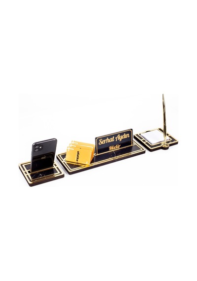 Star Gold Mermer Desen Kalemli Ahşap Masa İsimliği Hediye Masa Seti Ofis Masaüstü İsimlik Organizer