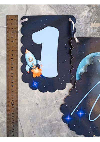 Uzay Konsept One 1 Yaş Doğum Günü Süsü Banner Happy Birthday