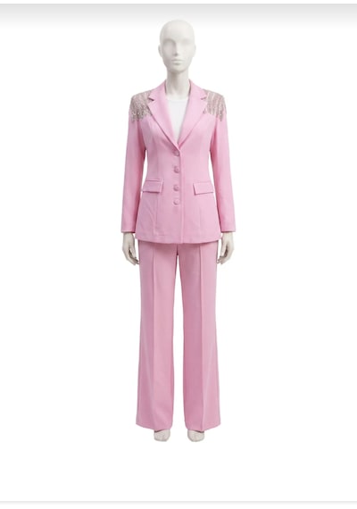 Orvelia Omuz Kristal Saçak Detaylı Pembe Blazer Ceket Ve Pantolon Takım