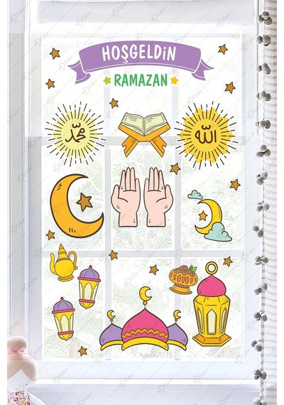 MSticker Hoşgeldin Ramazan Dua Cami Ay Fener Figürleri Cam Duvar Dekorasyon Sticker Seti