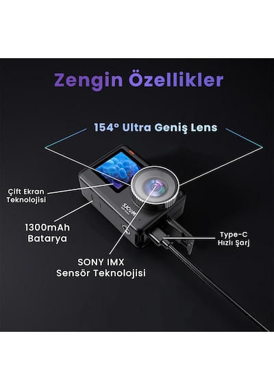 SJCAM SJ11 Active Dual Screen 20MP 5GHz Wi-Fi 4K UHD H.265 Su Geçirmez Kasa 154° 1300mAh Aksiyon Kamerası Siyah
