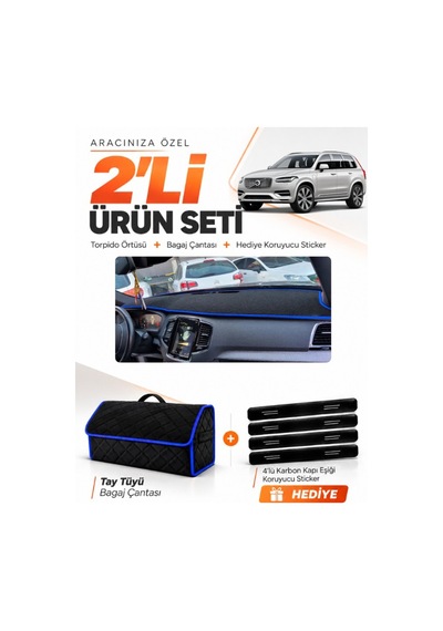 Volvo Xc-90 2015-2024 Uyumlu Torpido Örtüsü + Tay Tüyü Bagaj Çantası + Sticker Seti - Siyah Mavi