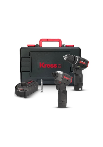 Kress Kug02 12volt/2.0ah. Li-ion Çift Akülü Kömürsüz Profesyonel Şarjlı Darbeli Matkap + Kömürsüz Darbeli Tornavida Kombo Set