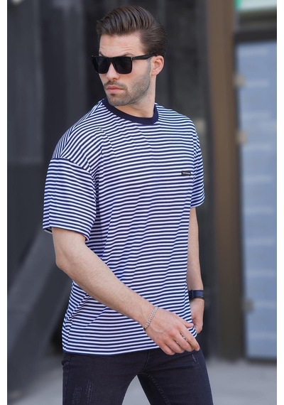 Madmext Lacivert Bisiklet Yaka Çizgili Kısa Kollu Arma Detaylı Erkek T-shirt 7031 Lacivert