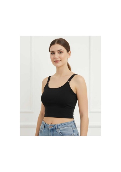 Lucien Vela Basic Siyah Crop Bustiyer Yuvarlak Yaka Sırtı Çapraz Askılı Metal Detaylı Siyah