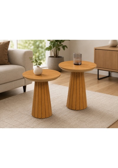 Ganni Home Alora 2 Li Zigon Sehpa Seti Meşe Meşe, Yuvarlak Tablalı Dekoratif Çıtalı Modern Tasarım