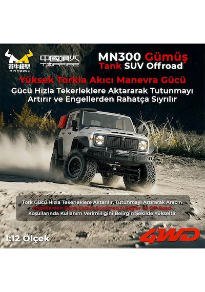 Mn Model Mn300 1/12 Tank Suv 4wd Rc Crawler Offroad Uzaktan Kumandalı Araba Arazi Aracı Model Car Truck Rtr Gümüş Mn-300 +dahili Işık Seti