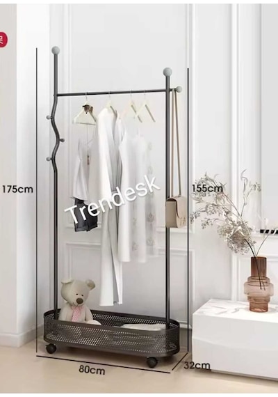 Ayaklı Siyah Konfeksiyon Askısı Metal Elbise Askılığı Oval Sepetli Askılık Tekerlekli 175 Cm 6007 Siyah