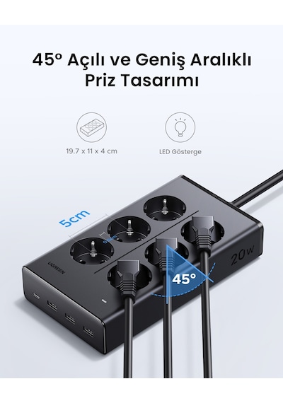 UGREEN 6’lı Grup Priz, 20W USB-C, USB-A Çıkışlı Şarj İstasyonu, 1.5 m Kablolu, 75141