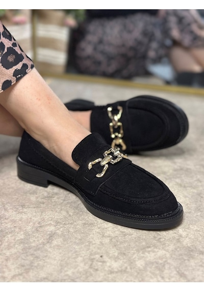 Günlük Kadın Loafer Makosen Klasik Alçak Topuklu Desenli Taban Zincirli Oval Burunlu Ayakkabı 150 Siyah - Süet