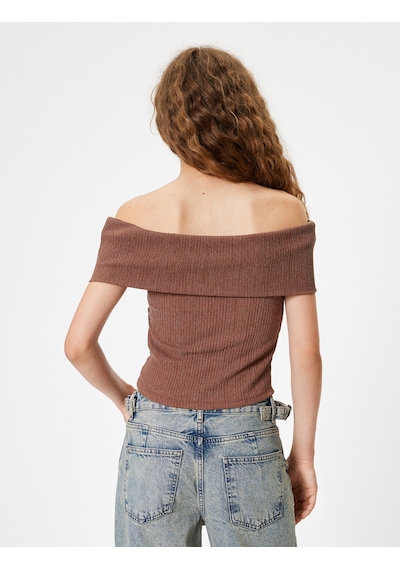 Koton Madonna Yaka Crop Bluz Kısa Kollu Bürümcük Dokulu Slim Fit Kahverengi 4sal60061ık Kahve